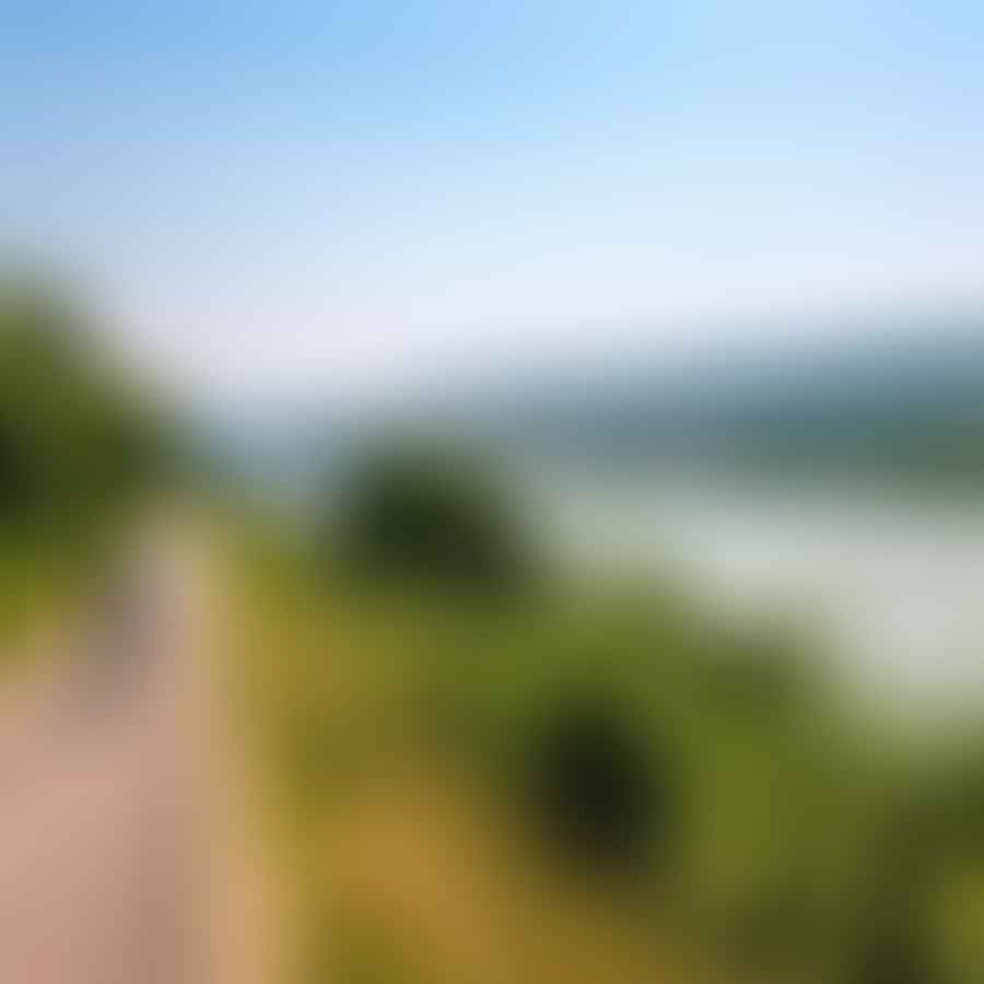 Cyclist riding along the Danube Cycle Path with a beautiful view of the river and surrounding landscape