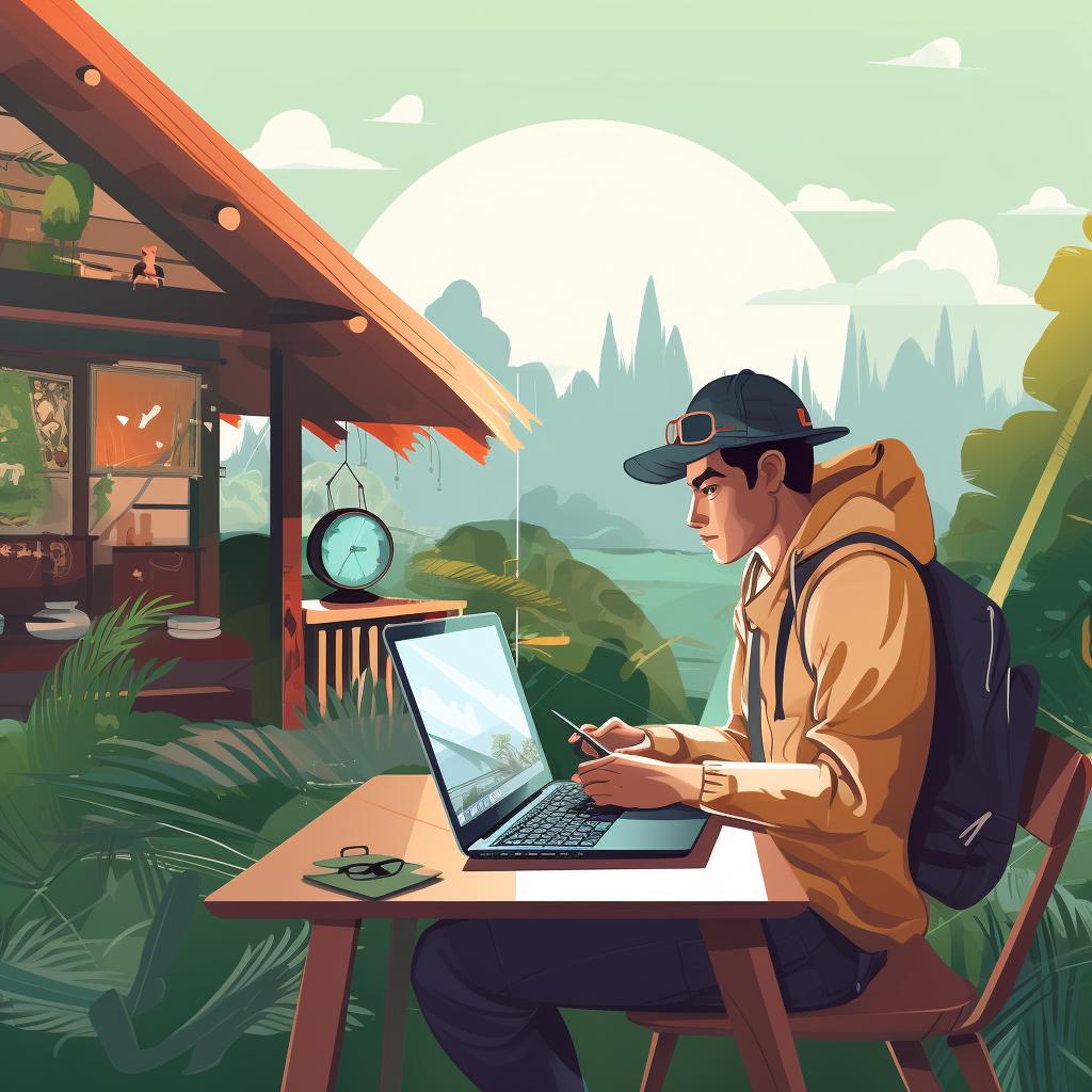 A traveler browsing eco lodge options on a laptop