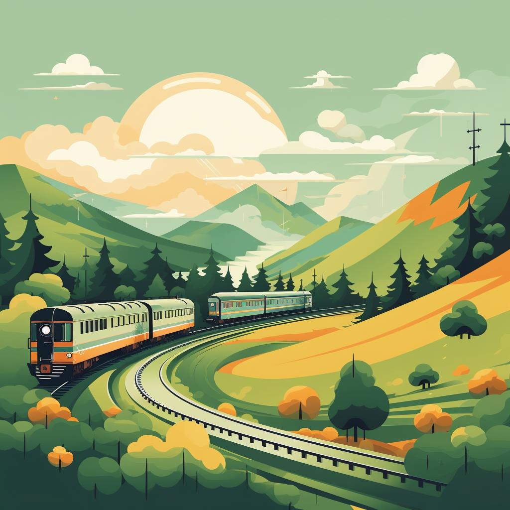 A train moving through a scenic landscape