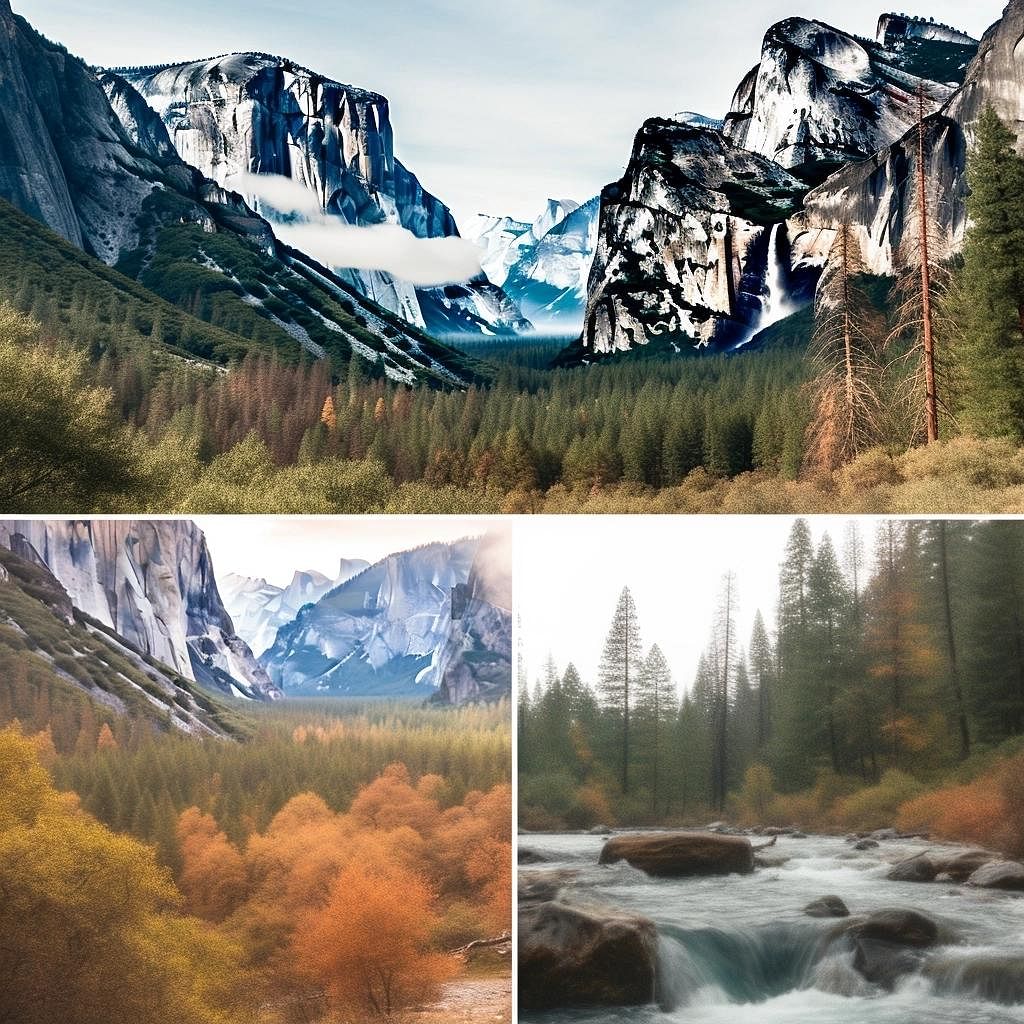 A collage of three images showcasing the natural beauty of Yosemite National Park, Glacier National Park, and Acadia National Park, with a focus on their unique landscapes, such as waterfalls, glaciers, and rugged coastlines. Include eco-conscious travelers hiking, biking, and kayaking in the parks, emphasizing responsible interaction with the environment.